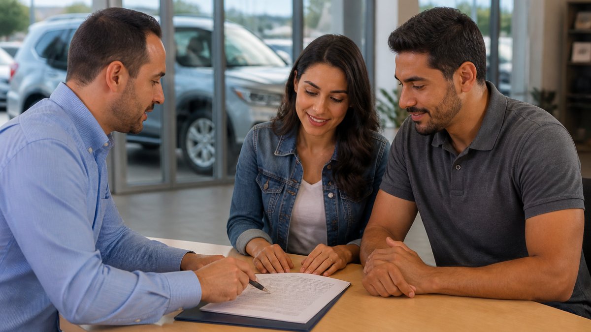 A salesperson at a dealership desk walking a couple through a printed warranty contract, with a used car visible through the showroom window behind them