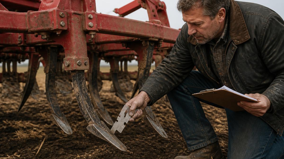 Experienced farmer in weathered work jacket crouching beside a cultivator in muddy field, closely inspecting tine points with a metal gauge and clipboard, overcast daylight