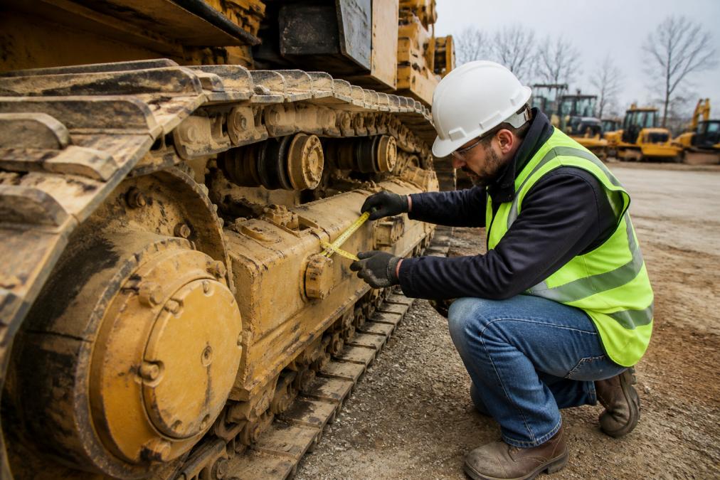 Heavy equipment inspector crouching beside a crawler dozer's track system, using measuring tools to assess wear patterns on track links and rollers, with equipment yard visible in background