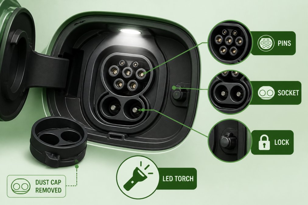 Professional illustration showing charging port inspection