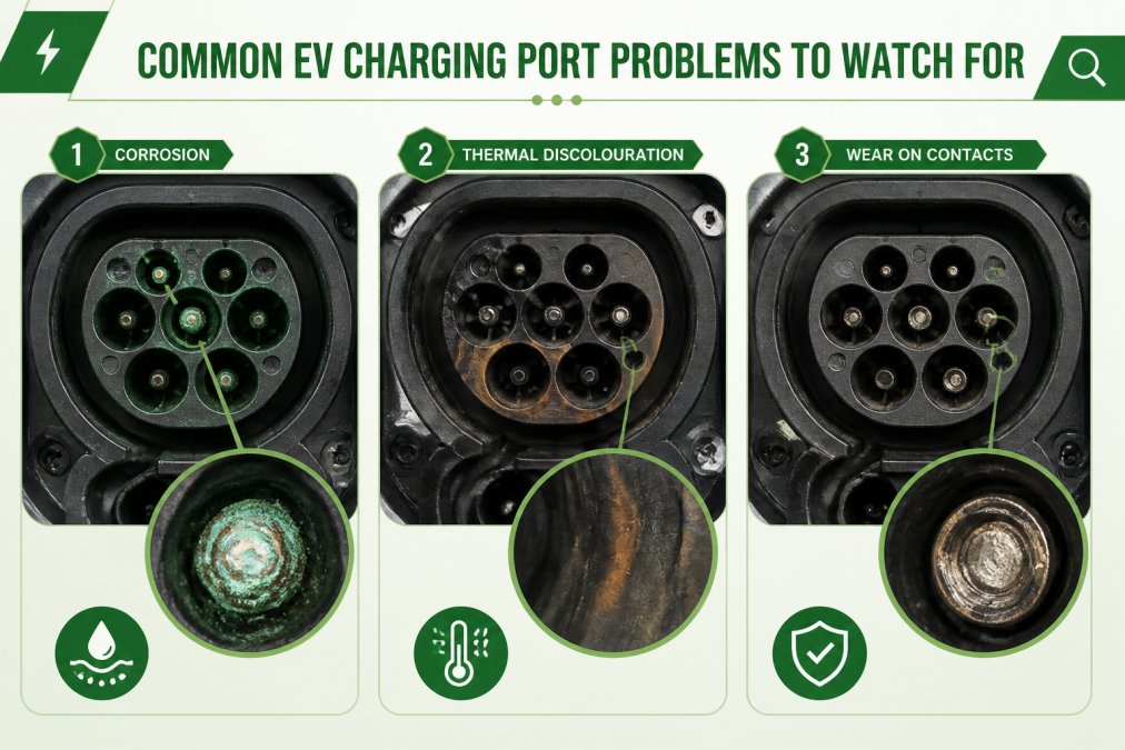 Professional illustration showing charging port inspection