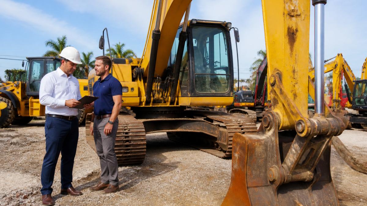 A construction business owner in a hard hat inspecting a used excavator on a dealer lot, clipboard in hand, with a sales representative standing nearby in daylight