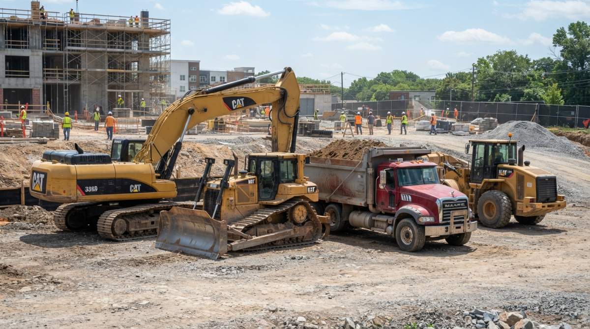 Excavators, bulldozers, and dump trucks at a construction site eligible for used equipment financing.