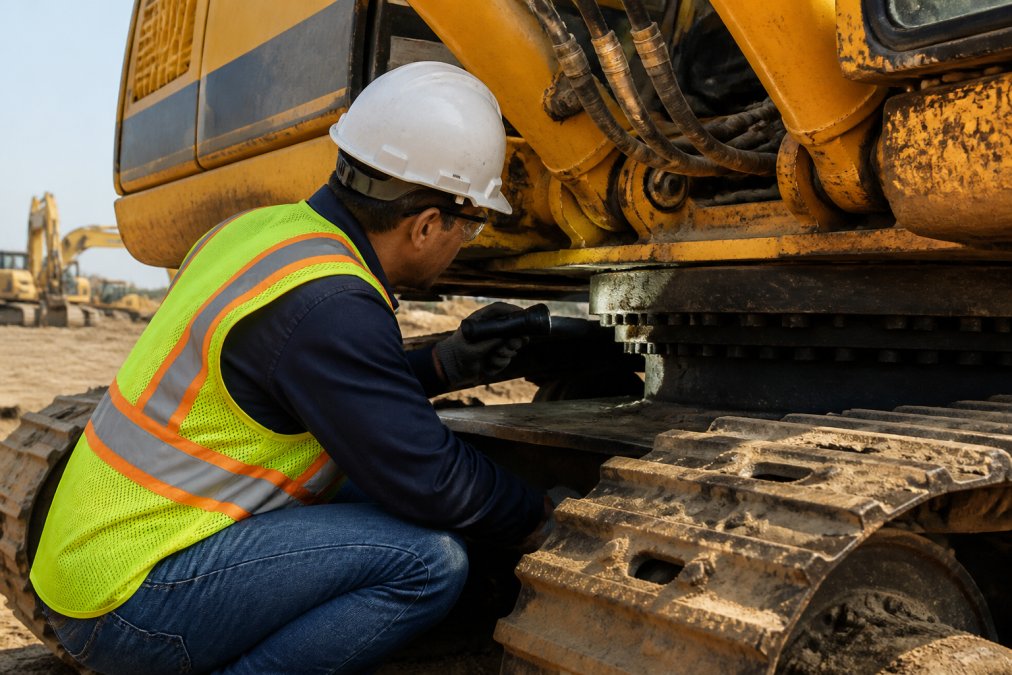Equipment inspector in safety vest examining hydraulic hoses and undercarriage connections on a used excavator at an outdoor equipment yard, checking connections with a flashlight in afternoon sunlight
