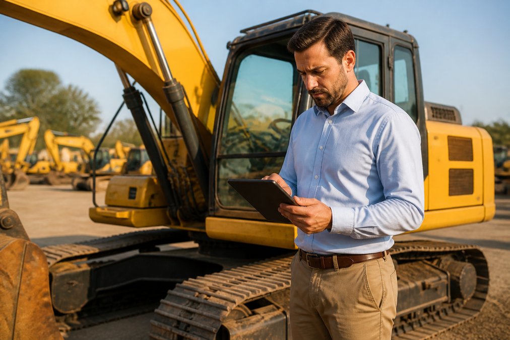 Construction equipment manager in business casual attire reviewing maintenance records and service history documents on a tablet while standing beside a yellow excavator in an outdoor equipment yard, morning sunlight