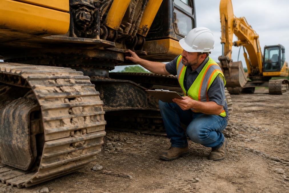A construction equipment inspector in a hard hat and safety vest examining the undercarriage of a used excavator on a dirt lot, clipboard in hand, with a second excavator visible in the background