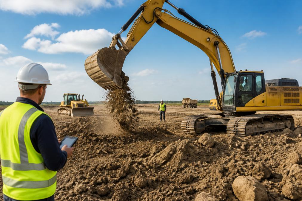 Heavy construction equipment including excavators and dozers operating on an active job site, with workers in safety gear and hard hats managing machinery in bright daylight