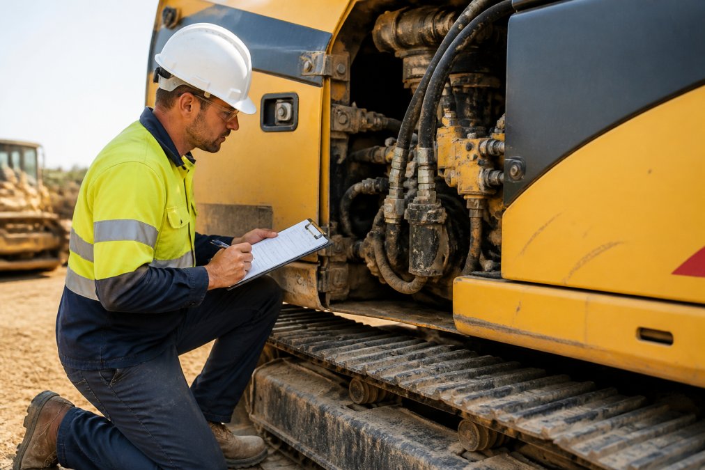 Technician in work clothes carefully examining heavy machinery components with a clipboard, checking wear and mechanical condition under bright shop lighting