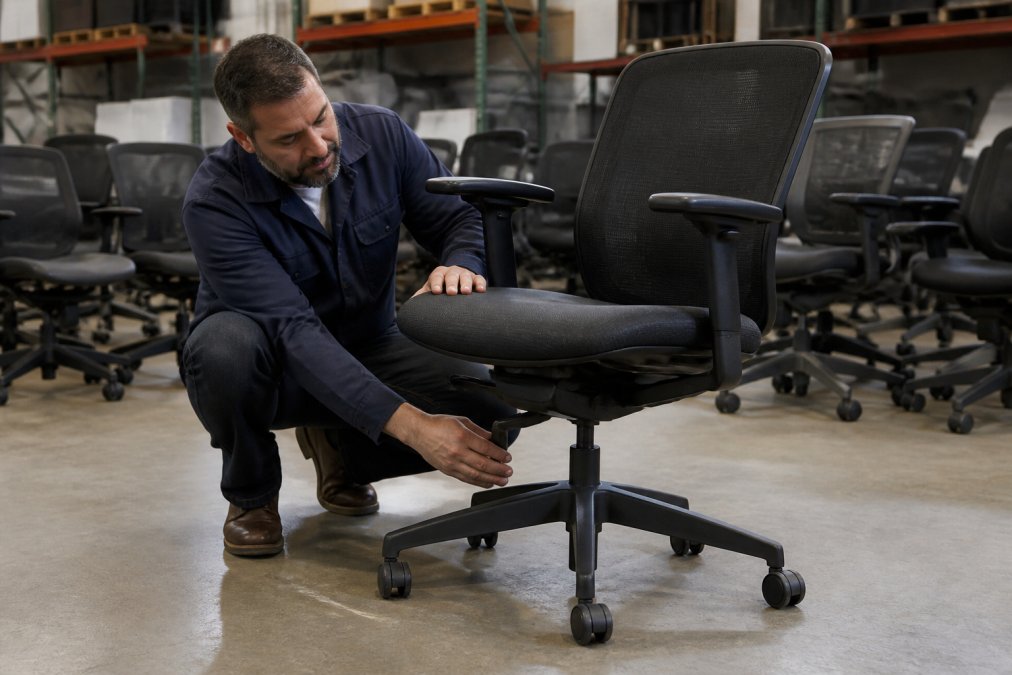 A facility manager in a warehouse showroom crouching beside a used Steelcase office chair, running a hand along the seat edge and inspecting the gas cylinder and base, with rows of pre-owned office chairs behind them