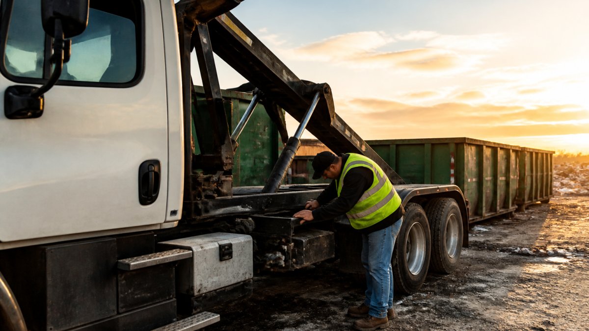 Driver inspecting a used roll off truck at a waste site, ideal for exploring roll off truck financing options.
