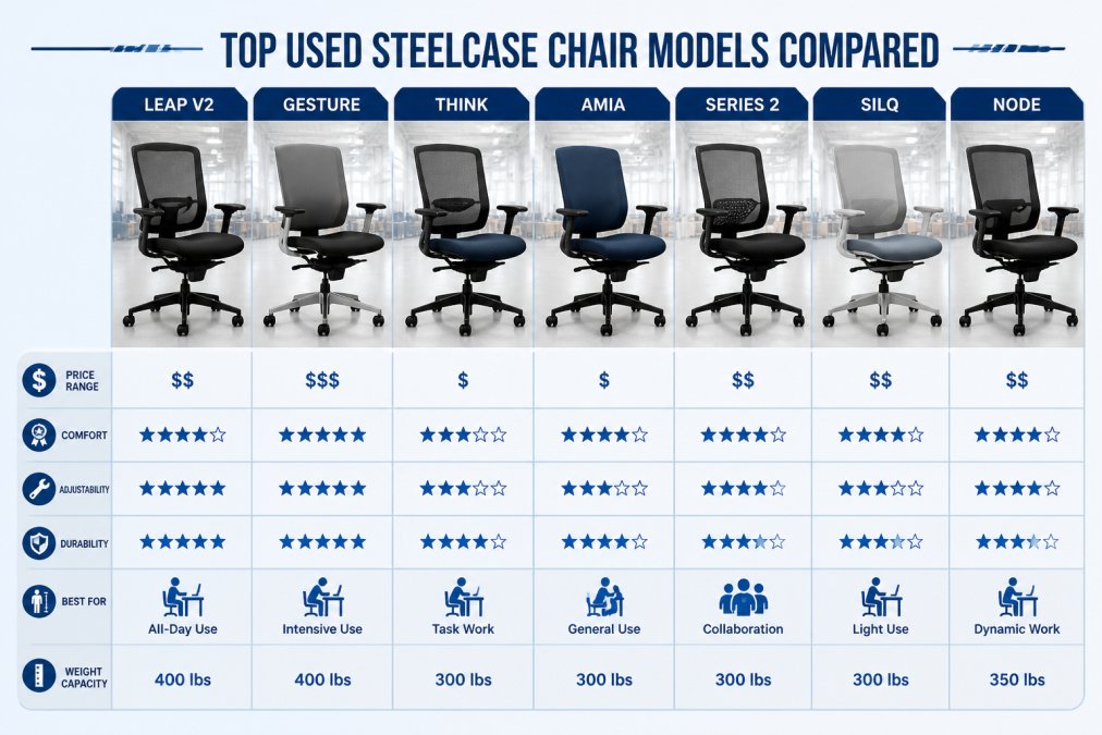 A row of seven different Steelcase office chairs displayed side by side on a clean warehouse showroom floor under bright overhead lighting, showing varied mesh back and upholstered seat configurations in black, gray, and blue