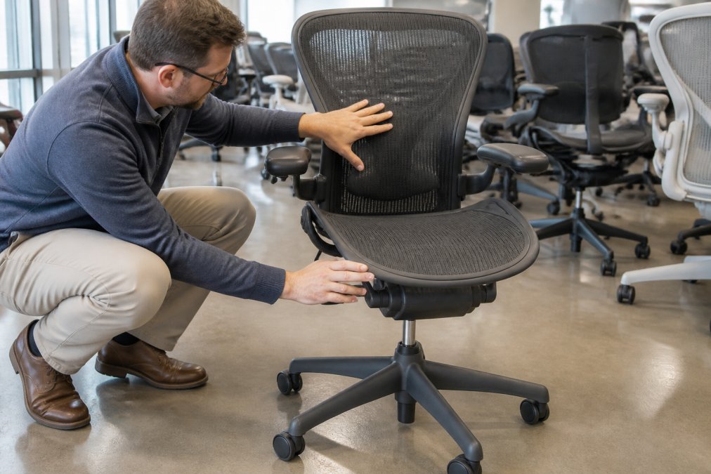 A person in business casual attire crouching beside a used Steelcase ergonomic office chair in a well-lit showroom, pressing their hand against the lumbar support zone and inspecting the seat pan edge, with caster wheels and the pneumatic cylinder visible