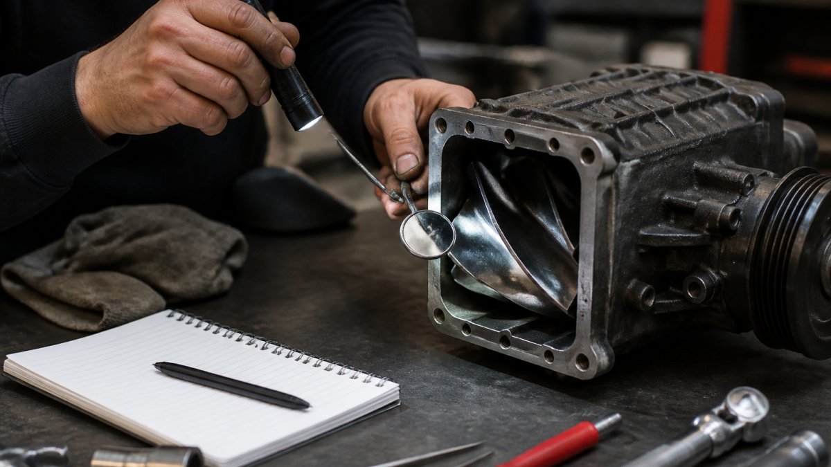 Close-up of a mechanic's hands using a flashlight and inspection mirror to examine the rotors inside a used supercharger housing on a workbench, with tools and a notepad nearby