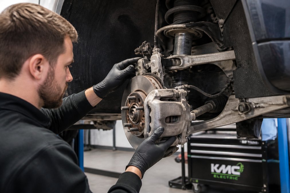Professional illustration showing Technician, Tesla for used tesla inspection service