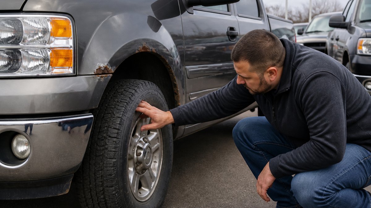 Person inspecting a used pickup truck's exterior in daylight, checking tire tread and body panels for rust and damage