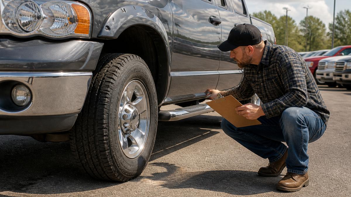 A buyer in work clothes crouching beside a used pickup truck on a dealership lot, inspecting the tires and undercarriage with a clipboard in hand under bright daylight