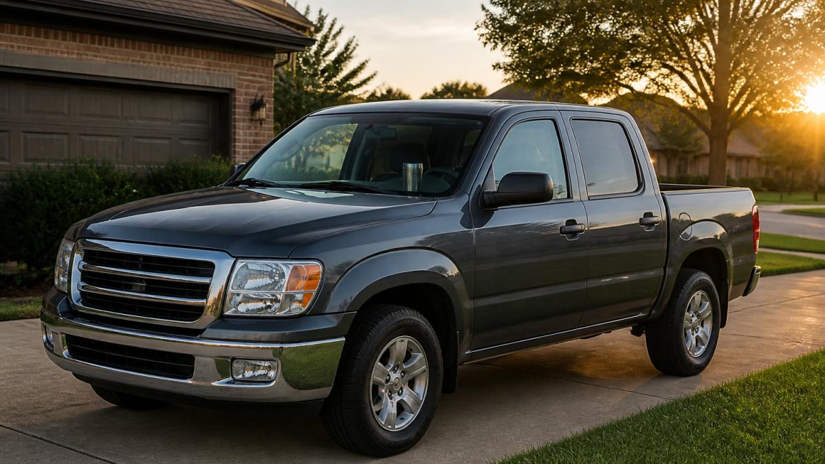 A clean, well-maintained used pickup truck parked in a suburban driveway at sunrise, with a commuter coffee mug visible on the center console through the window