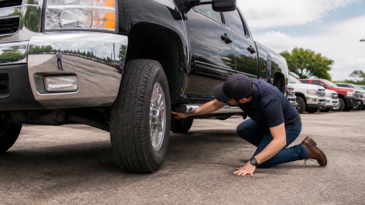Person crouching to inspect undercarriage and tires of a used pickup truck in dealership lot, checking for rust, wear, and damage under natural daylight