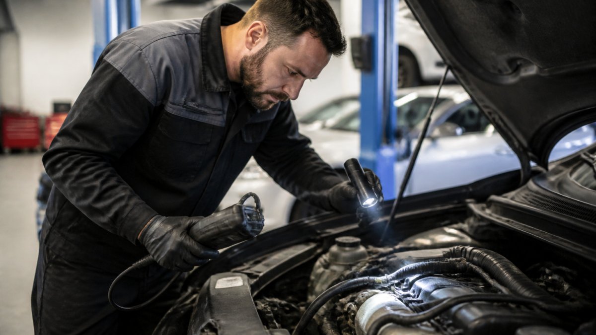 Professional mechanic in work uniform performing hands-on inspection of used vehicle engine compartment with diagnostic scanner and flashlight, checking under hood in well-lit service bay