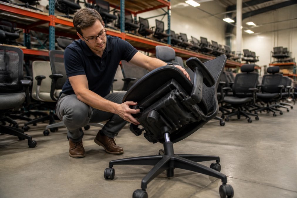 Person inspecting the cylinder of a pre-owned ergonomic chair while shopping for used vs new office furniture.