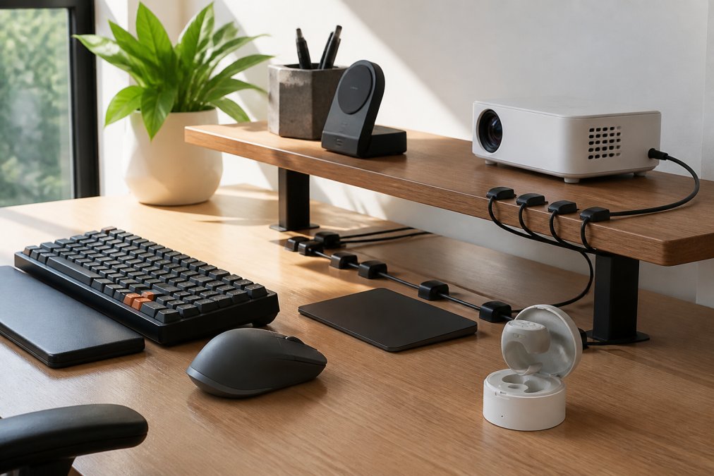 A tidy home office desk setup with a mechanical keyboard, wireless peripherals, a small projector positioned to the side, and cable management clips keeping cords organized, bathed in warm natural light from a nearby window
