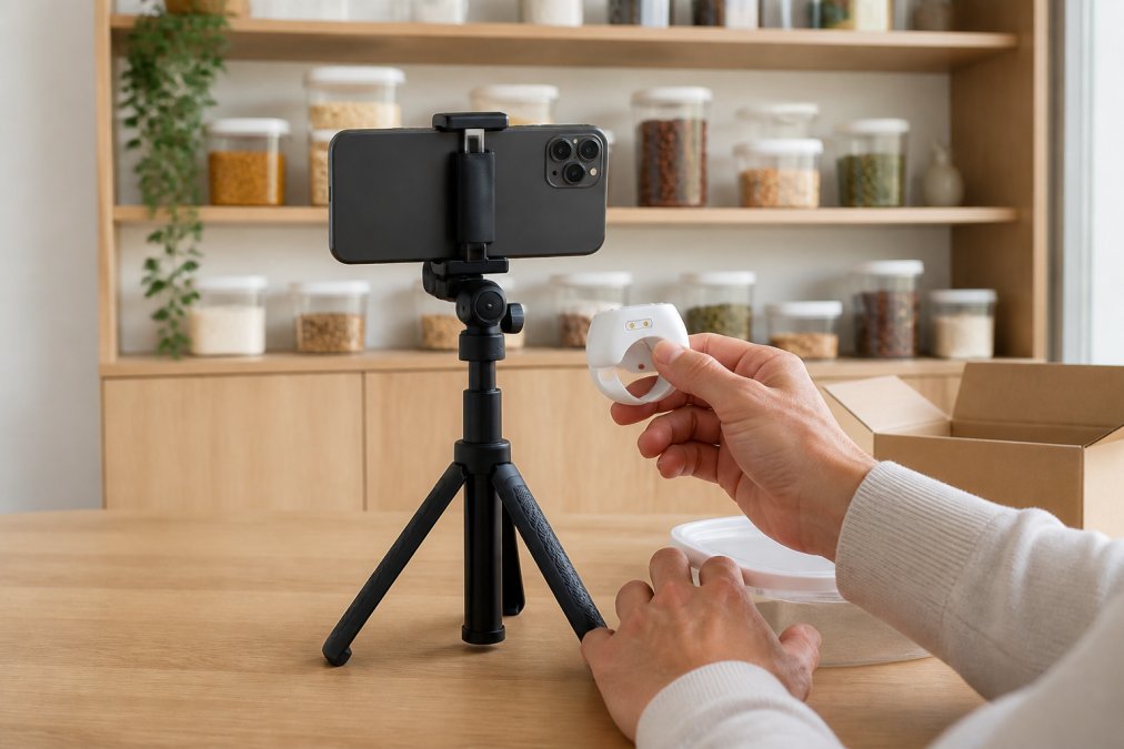 Close-up of a person's hands holding a compact Bluetooth remote control near a smartphone mounted on a tripod, with clear airtight storage containers visible on a well-lit shelf in the background of a modern home