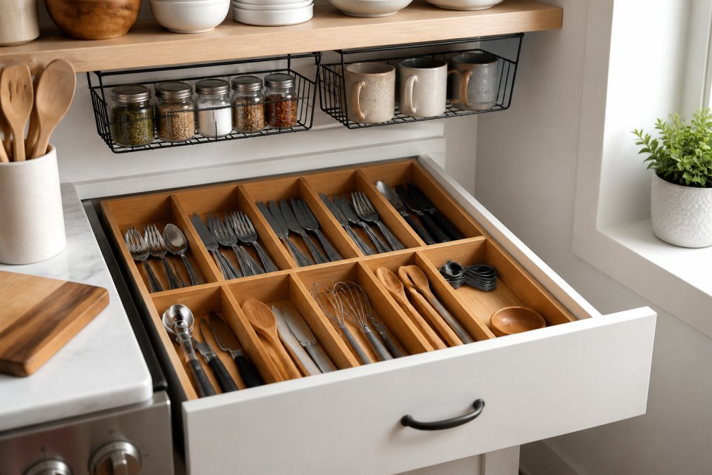 Close-up of a small kitchen drawer fitted with modular bamboo drawer inserts holding neatly sorted utensils, with under-shelf hanging wire baskets visible above stocked with mugs and small jars, in a tidy, well-lit, space-efficient kitchen