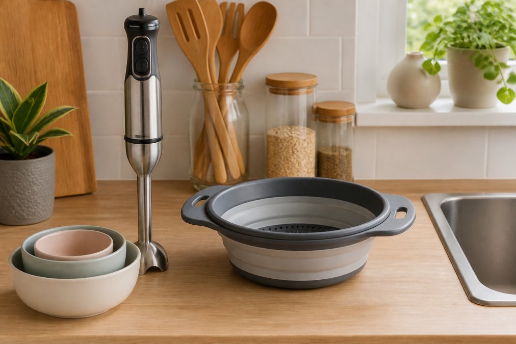 A neatly organised small kitchen countertop photographed in warm natural light, featuring a compact hand blender, a collapsible silicone colander, and a set of stacked nesting bowls in muted tones, arranged in a clutter-free, minimalist style on a pale wooden worktop