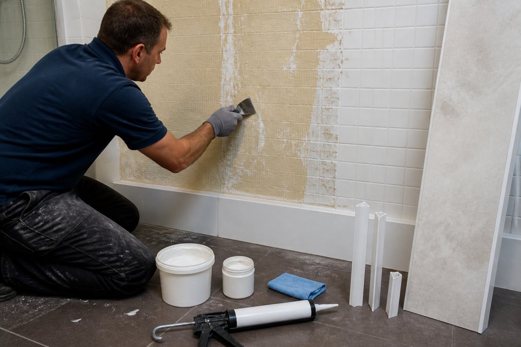 Person preparing a bathroom wall by scraping away old tile remnants and filling gaps with flexible filler, with tools and materials organised on the floor