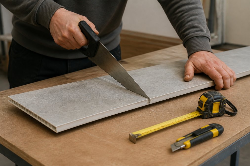 Close-up of hands using a fine-tooth saw to carefully cut a 250mm PVC panel on a workbench, with a measuring tape and utility knife visible nearby