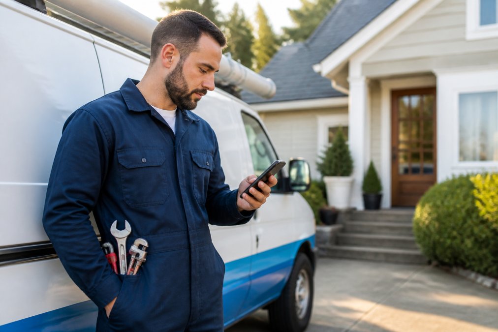 Plumber checking an AI chat on a smartphone for plumbing lead qualification next to his service van