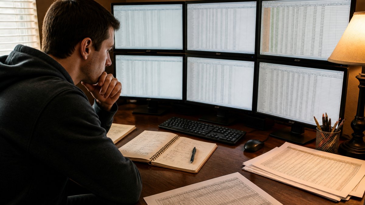 Sports bettor analyzing college football statistics on multiple computer monitors with notebooks and data spreadsheets on desk, focused analytical work environment with warm office lighting