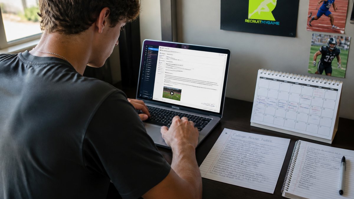 High school student-athlete sitting at desk reviewing email draft on laptop screen with highlight video link, recruiting timeline calendar, and college roster notes visible on desk