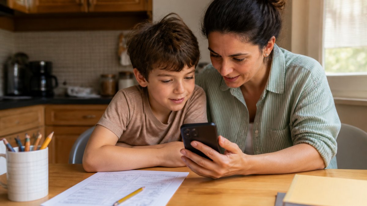 A parent and child sitting at a kitchen table, looking at a smartphone screen together with a reading worksheet in front of them, warm natural light