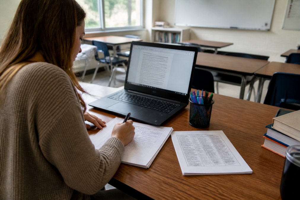 Teacher at desk reviewing student work on laptop while taking notes with printed rubric visible nearby, in a classroom with natural window lighting