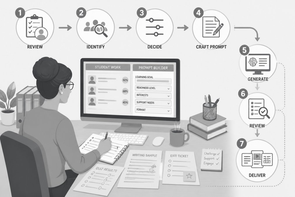 Flowchart showing the process of using AI to differentiate instruction for students through personalized tasks.