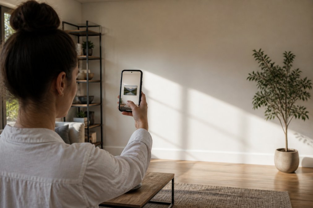 A person holding a smartphone up to a blank living room wall, a digital canvas art preview glowing on the phone screen, afternoon light across the floor