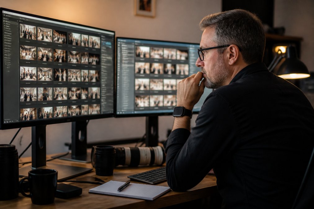 Professional photographer reviewing hundreds of event photos on multiple monitors with editing software open showing batch processing in progress, warm studio lighting