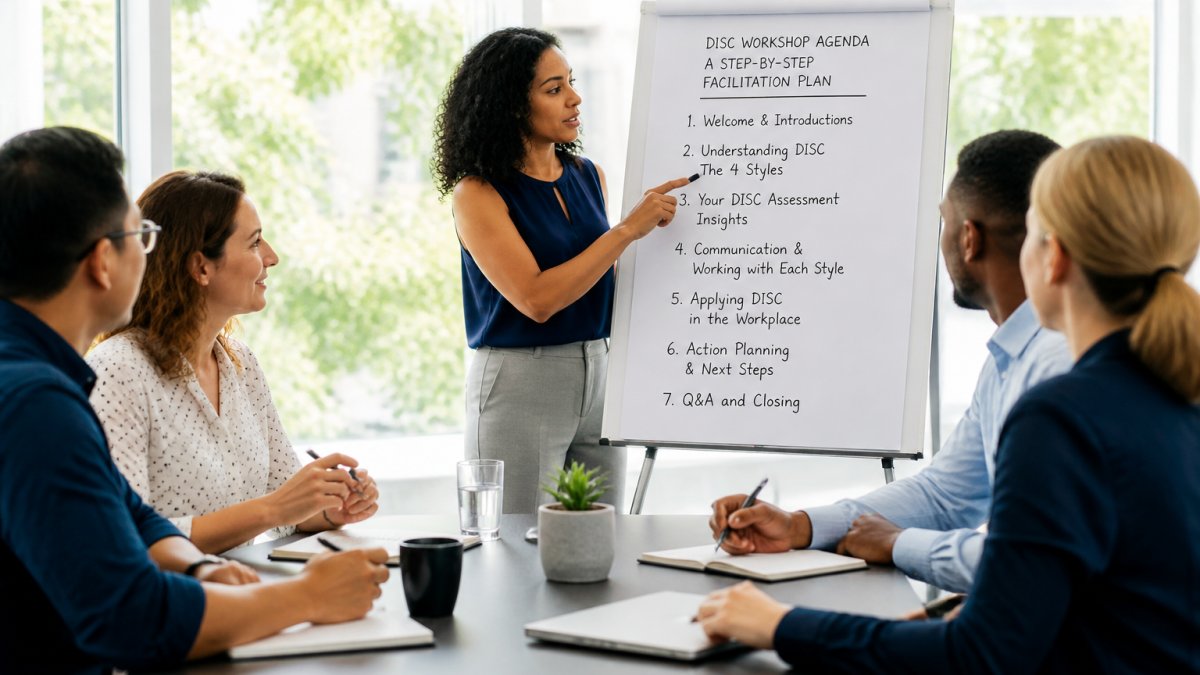 Facilitator presenting a DISC workshop agenda while using Catalyst for DISC workplace facilitation with a team.
