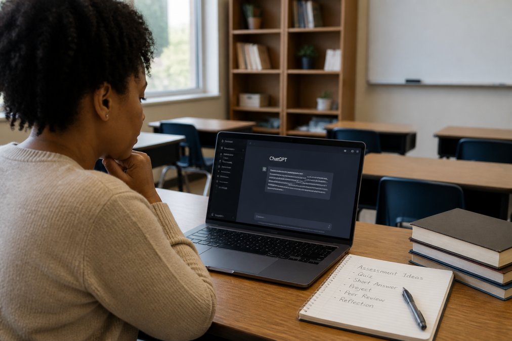 Teacher at desk with laptop showing ChatGPT interface, reviewing assessment prompts on screen with notepad of assessment ideas nearby, modern classroom setting with natural window lighting