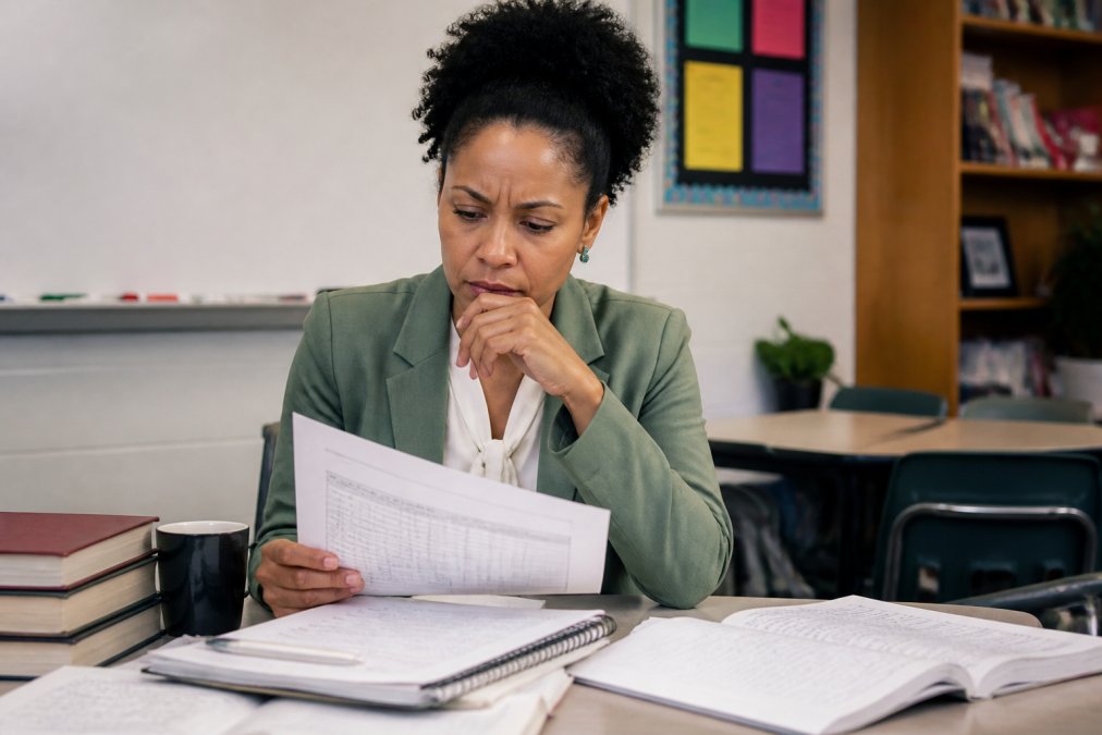 Educator reviewing student work at computer, looking thoughtful while examining printed rubric and notes on desk, classroom background with educational posters visible