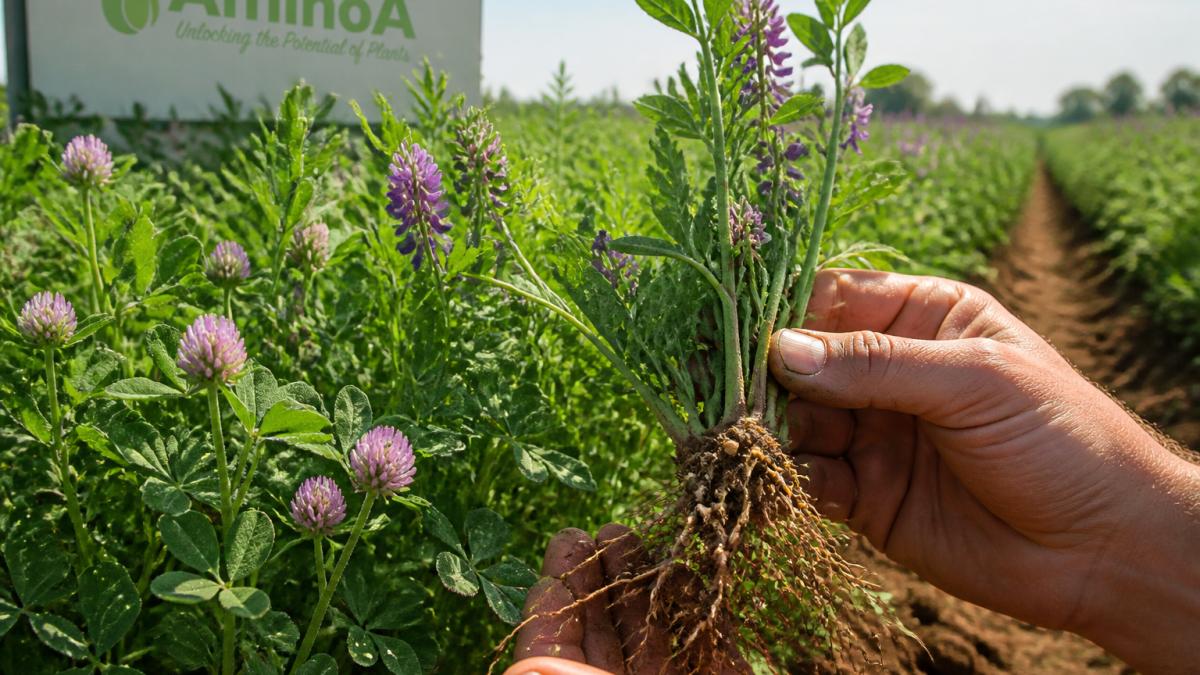 Field of legume cover crops in bloom showing clover and vetch plants with visible root nodules in close-up detail, morning light across rows