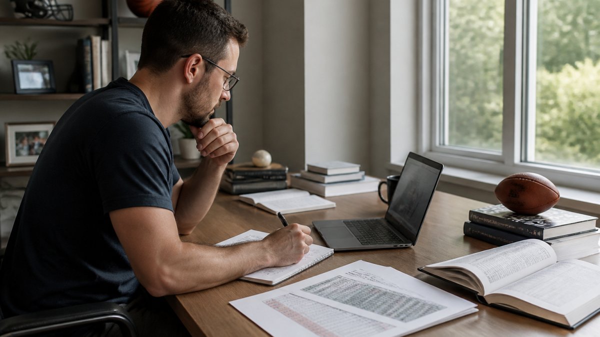 Professional bettor reviewing sports statistics and odds on multiple monitors with notebooks and betting data visible on desk in modern workspace with natural lighting