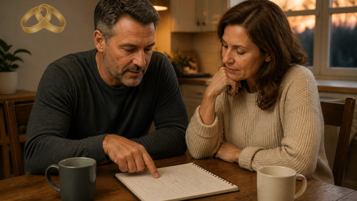 A couple in their forties sitting at a kitchen table with a notebook and two mugs, one partner pointing at a handwritten weekly rating sheet while the other listens, warm evening light through the window
