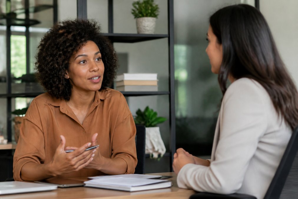 Two professionals having a calm, respectful conversation in a modern office setting, demonstrating active listening and open body language