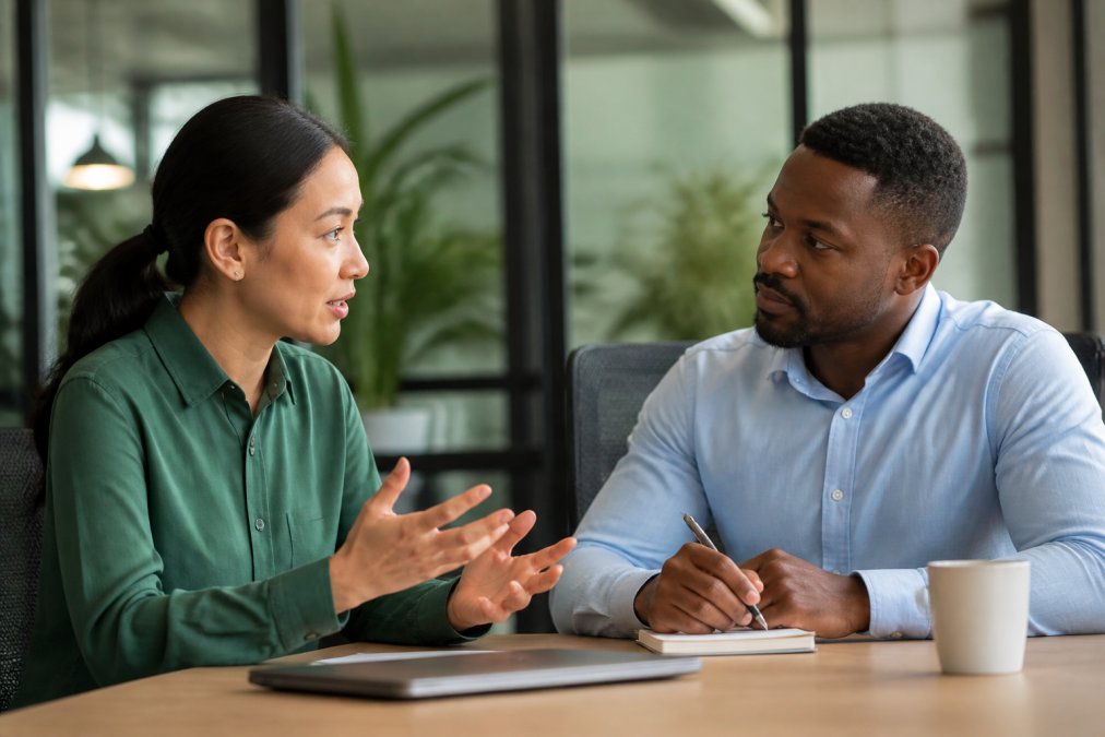 Two professionals having a constructive discussion in an office setting with open body language and focused attention on each other, natural office lighting