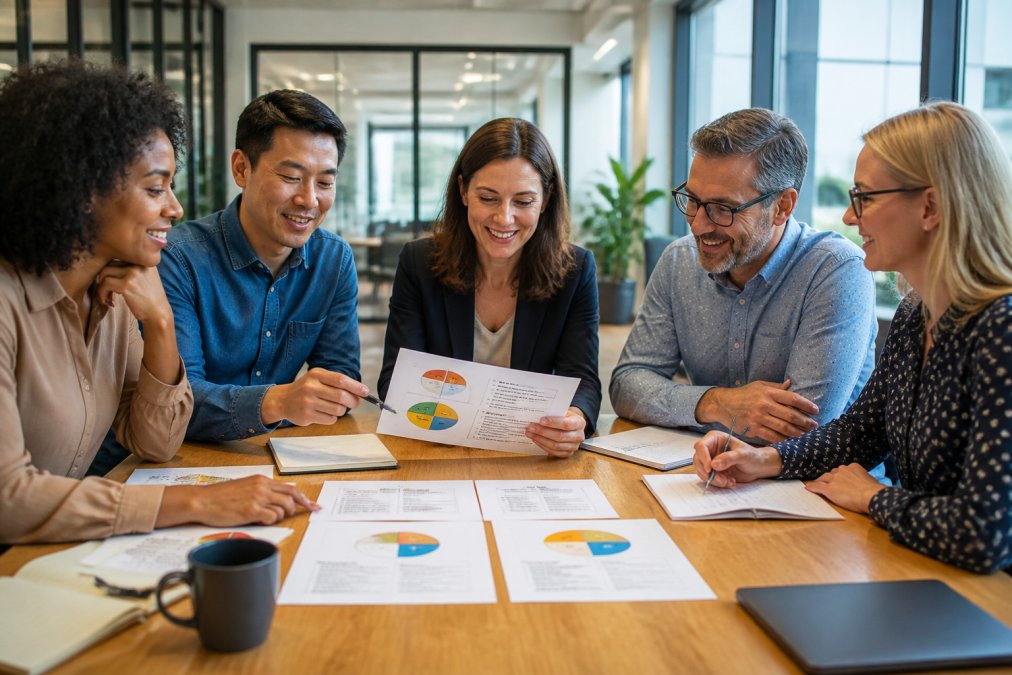 Diverse team reviewing DiSC profiles to map out a collaboration strategy for a cross-functional project.