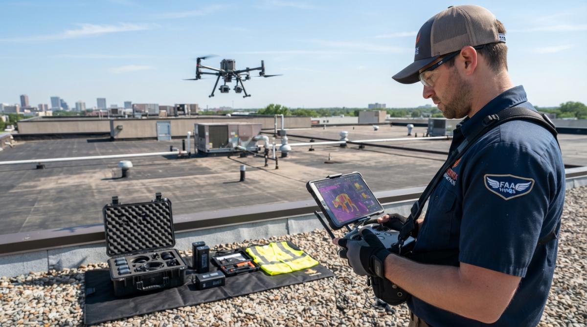 A commercial drone with a thermal camera hovering above a flat commercial roof, with a pilot monitoring a tablet controller in the foreground under bright daylight