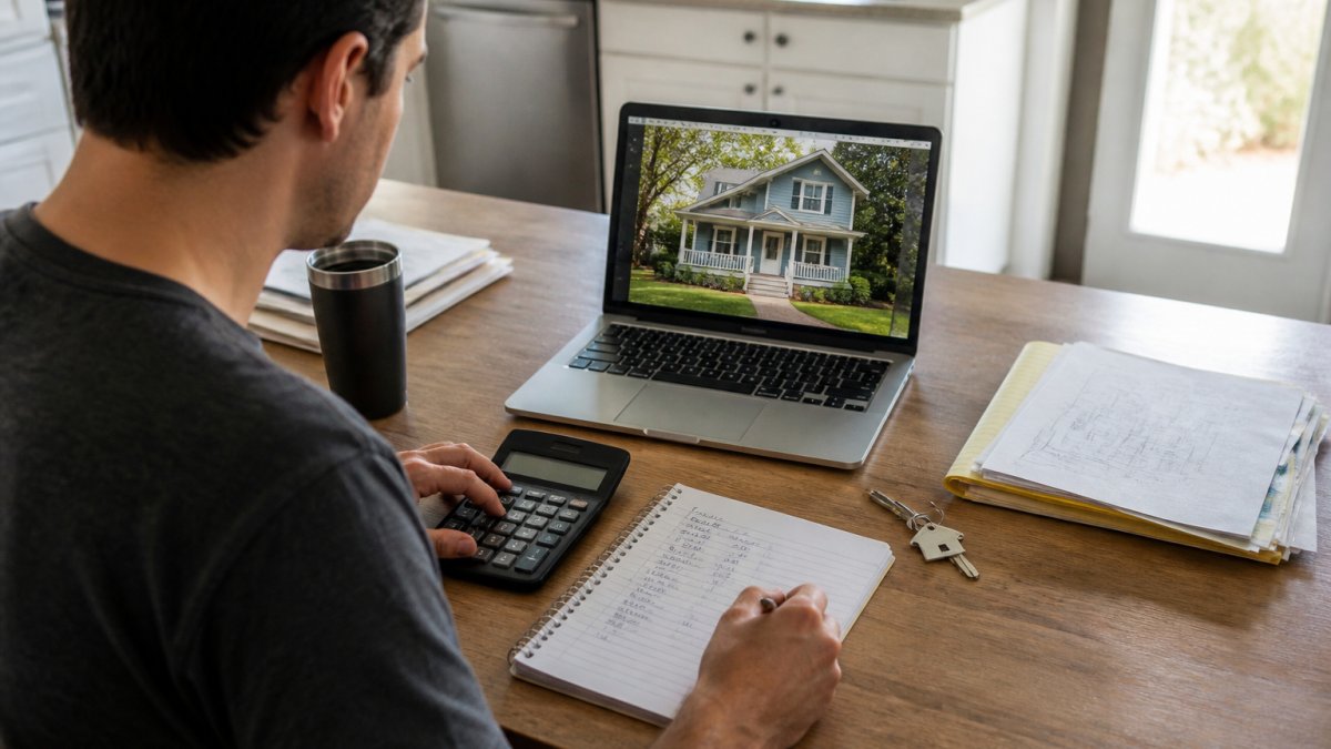 An investor at a kitchen table reviewing a rental property loan estimate on a laptop, with a calculator, notebook of renovation figures, and house keys beside the screen