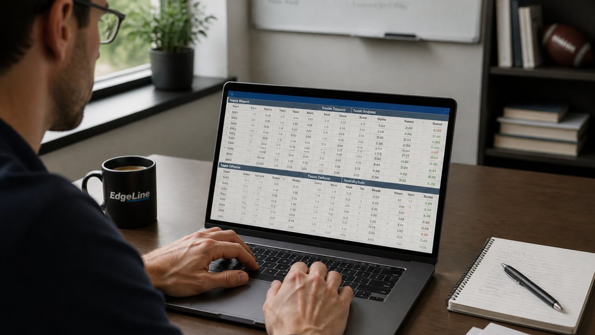 Professional analyst's hands working on laptop displaying spreadsheet with NFL injury data, team statistics, and betting odds visible on screen, coffee cup beside keyboard in modern office setting with natural window lighting
